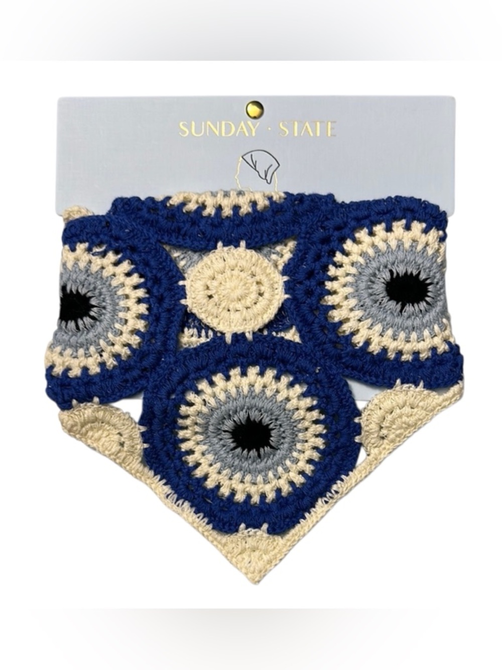 NWT Sunday State Crochet Evil Eye Blue and Cream Hair Bandana Scarf